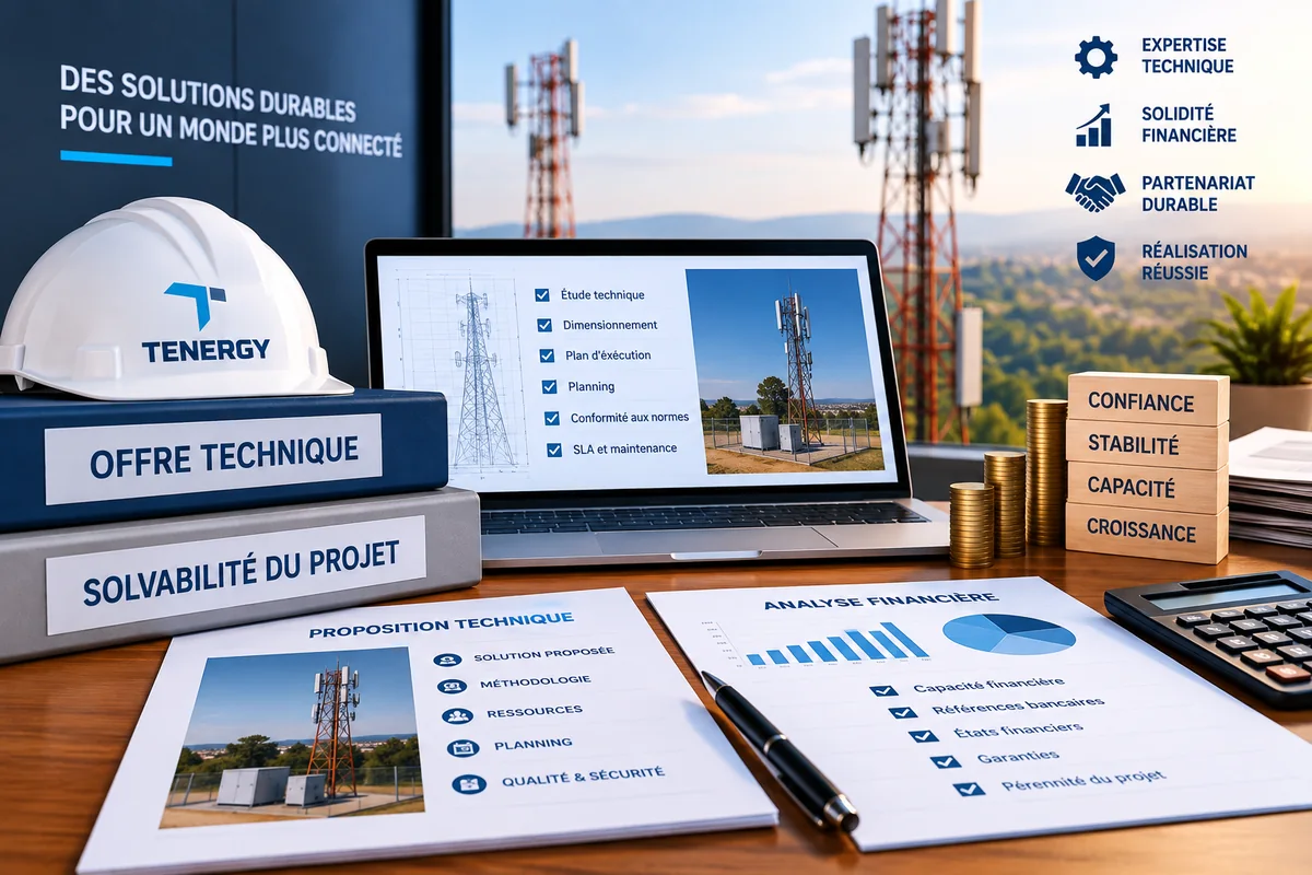 Dossiers d'offre technique et de solvabilité préparés par TENERGY pour un projet télécom